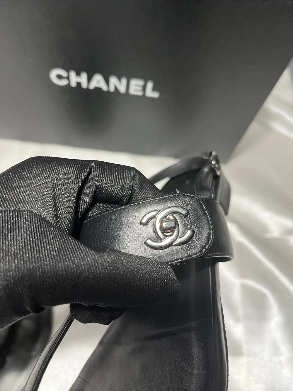 CHANEL Black Leather Thong Sandals with CC Medallion